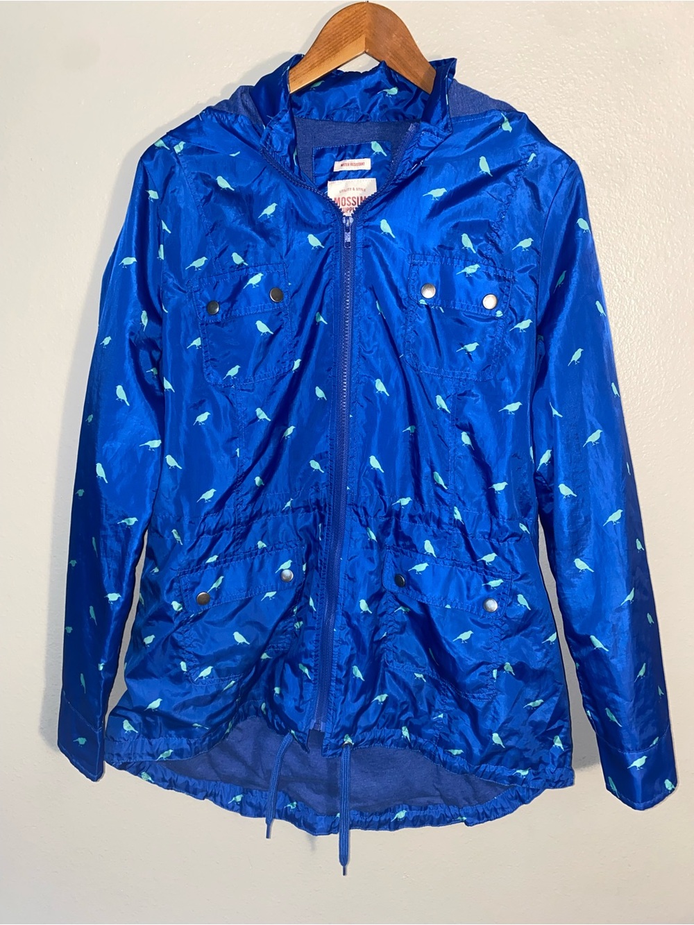 Mossimo Supply Co. Blue Hooded Bird Print Windbreaker Rain Jacket size XL